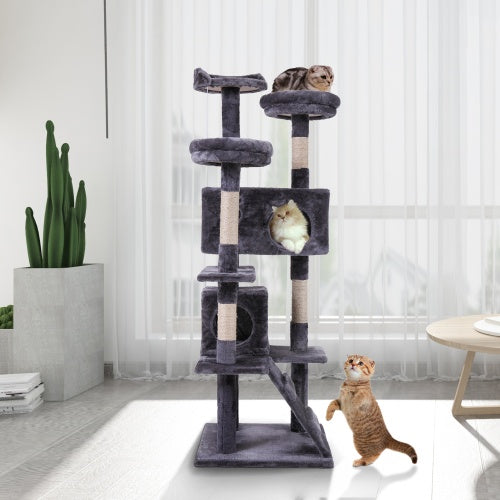 Cat Tree Cat Tower With Catching Ball, Plush Mat, Ladder And Indoor Cat Apartment, Gray