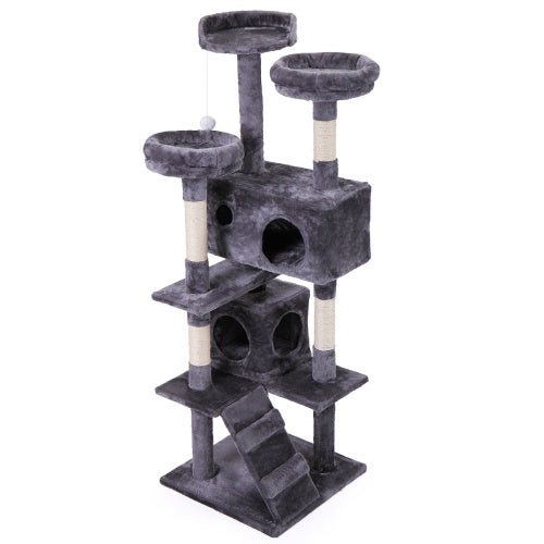 Cat Tree Cat Tower With Catching Ball, Plush Mat, Ladder And Indoor Cat Apartment, Gray