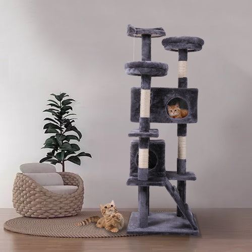 Cat Tree Cat Tower With Catching Ball, Plush Mat, Ladder And Indoor Cat Apartment, Gray